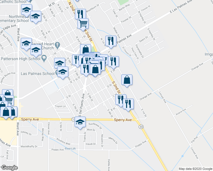 map of restaurants, bars, coffee shops, grocery stores, and more near 226 South 3rd Street in Patterson