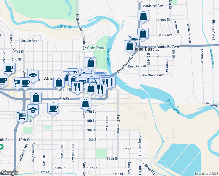 map of restaurants, bars, coffee shops, grocery stores, and more near 409 Main St in Alamosa