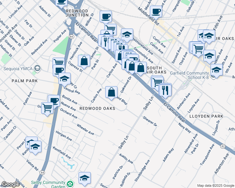 map of restaurants, bars, coffee shops, grocery stores, and more near 325 East Oakwood Boulevard in Redwood City