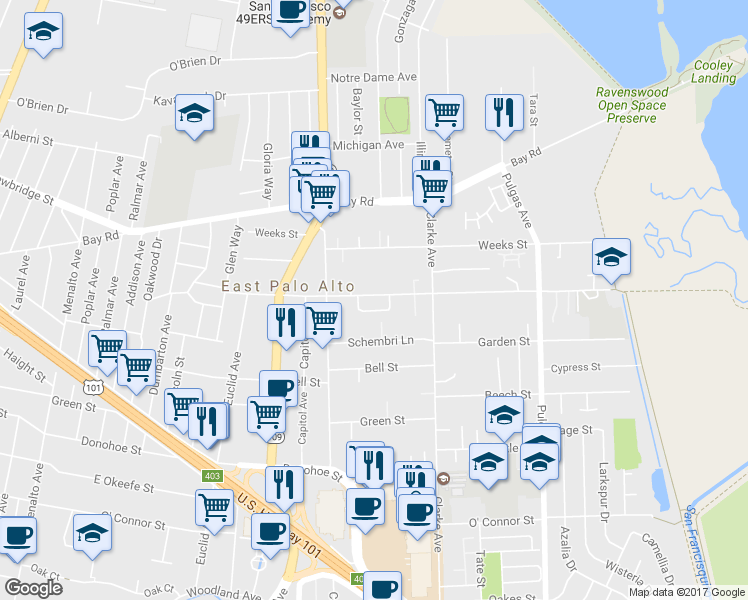 map of restaurants, bars, coffee shops, grocery stores, and more near 766 Runnymede Street in East Palo Alto