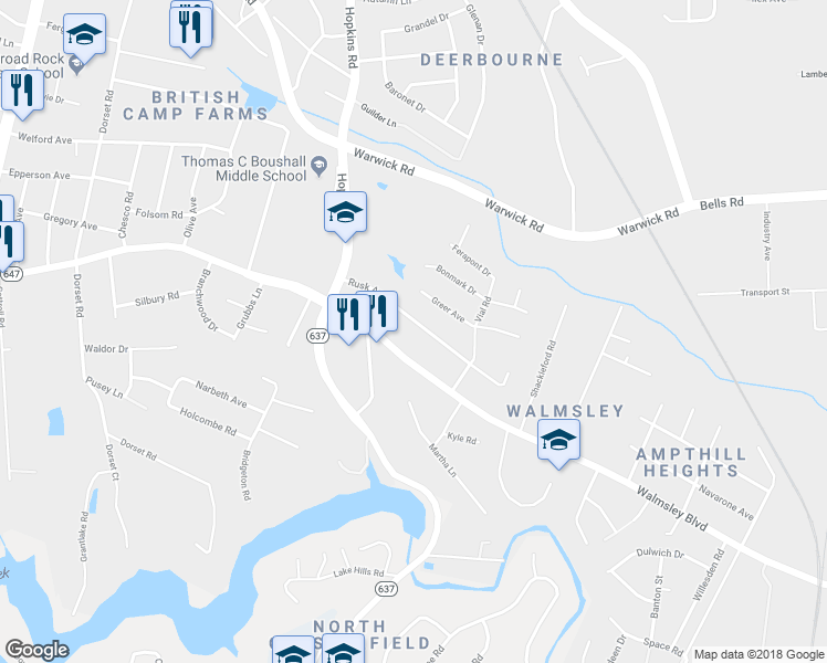 map of restaurants, bars, coffee shops, grocery stores, and more near 3801 Rusk Avenue in Richmond