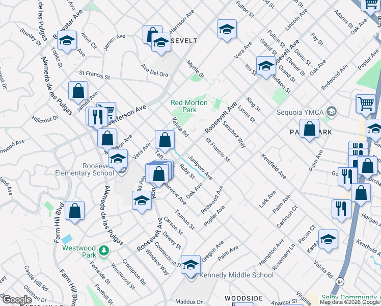 map of restaurants, bars, coffee shops, grocery stores, and more near 1105 Junipero Avenue in Redwood City