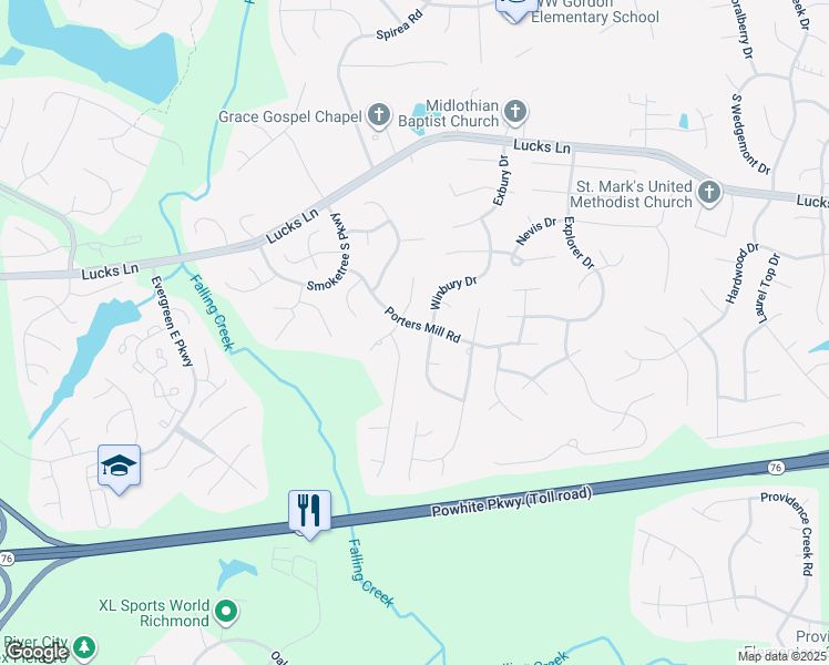 map of restaurants, bars, coffee shops, grocery stores, and more near 1606 Porters Mill Road in Midlothian