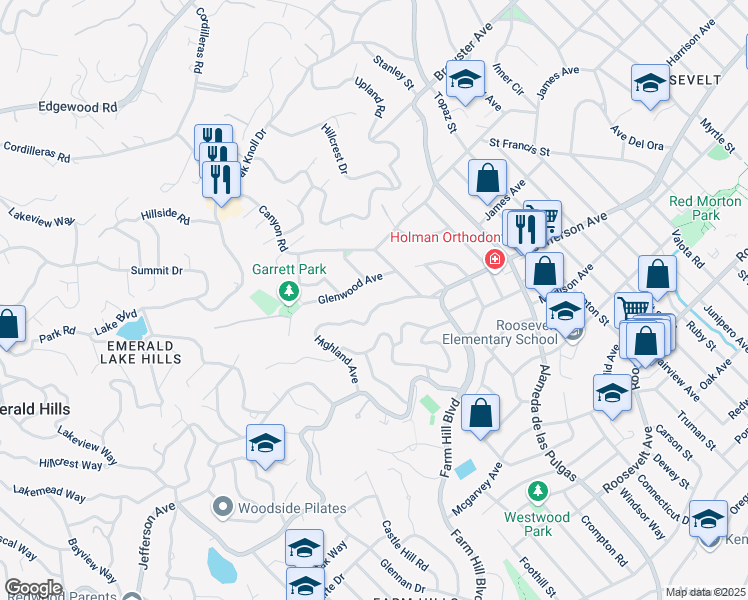 map of restaurants, bars, coffee shops, grocery stores, and more near 3548 Highland Avenue in Redwood City