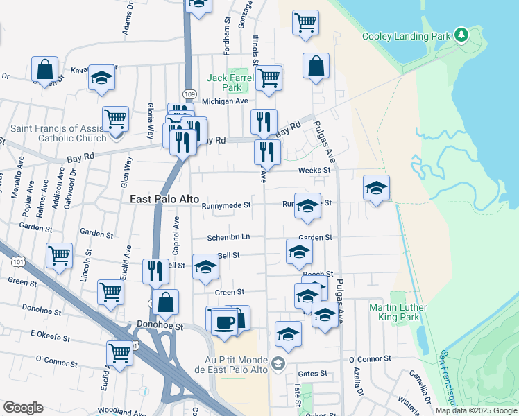 map of restaurants, bars, coffee shops, grocery stores, and more near in East Palo Alto