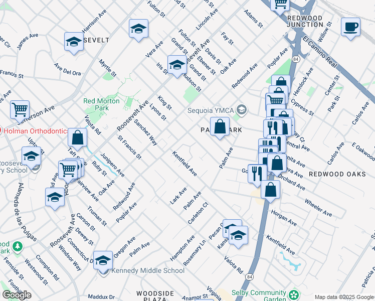map of restaurants, bars, coffee shops, grocery stores, and more near 1216 Chantal Way in Redwood City