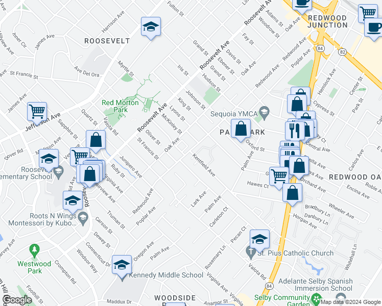 map of restaurants, bars, coffee shops, grocery stores, and more near 1380 Redwood Avenue in Redwood City