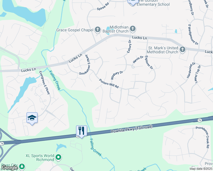 map of restaurants, bars, coffee shops, grocery stores, and more near 1606 Porters Mill Road in Midlothian