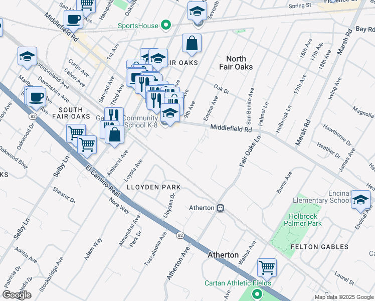 map of restaurants, bars, coffee shops, grocery stores, and more near 2 Atherton Avenue in Atherton