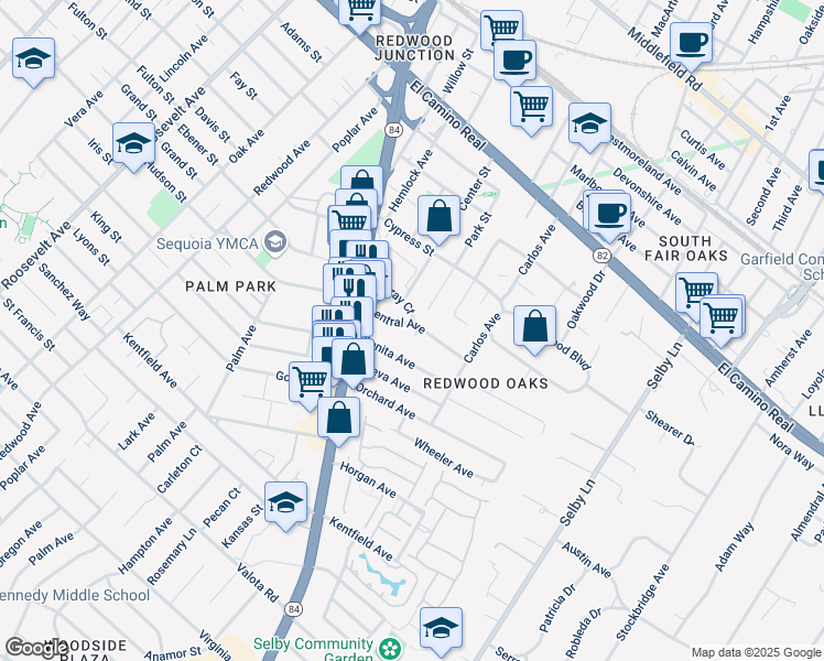 map of restaurants, bars, coffee shops, grocery stores, and more near 92 Central Avenue in Redwood City
