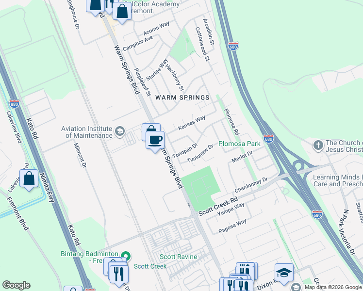 map of restaurants, bars, coffee shops, grocery stores, and more near 48611 Tonopah Court in Fremont