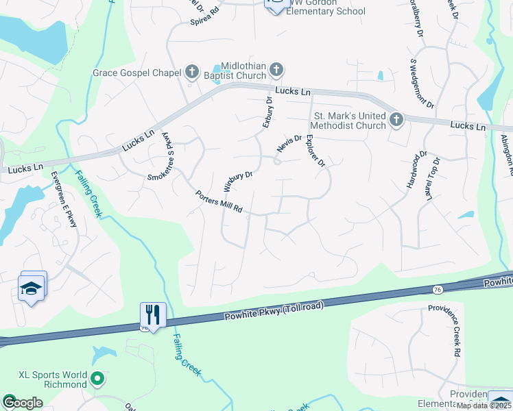 map of restaurants, bars, coffee shops, grocery stores, and more near 1509 Upperbury Terrace in Midlothian