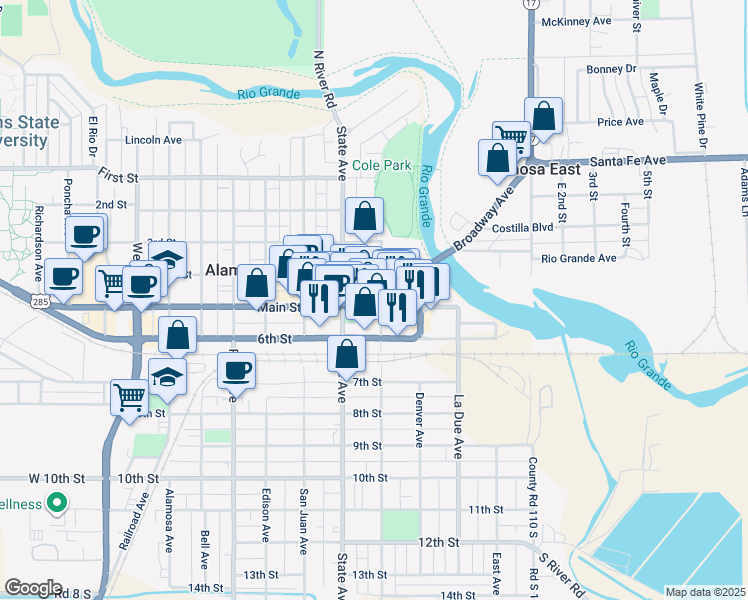map of restaurants, bars, coffee shops, grocery stores, and more near 503 Main Street in Alamosa