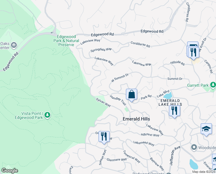 map of restaurants, bars, coffee shops, grocery stores, and more near 58 West Summit Drive in Emerald Hills