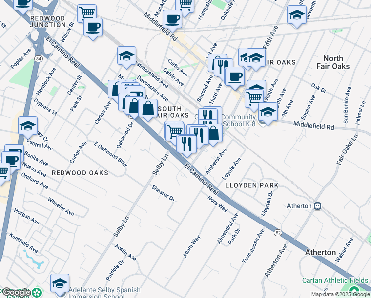 map of restaurants, bars, coffee shops, grocery stores, and more near 19 Columbia Avenue in Redwood City