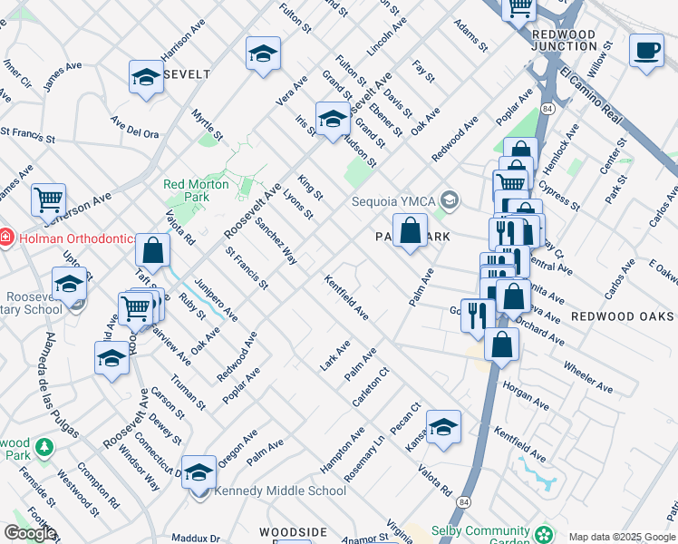map of restaurants, bars, coffee shops, grocery stores, and more near 1216 Chantal Way in Redwood City