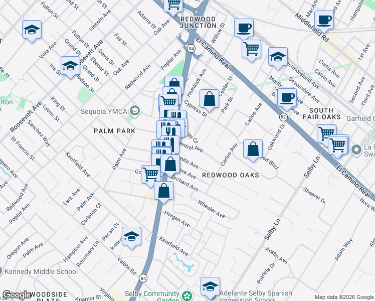 map of restaurants, bars, coffee shops, grocery stores, and more near 92 Central Avenue in Redwood City