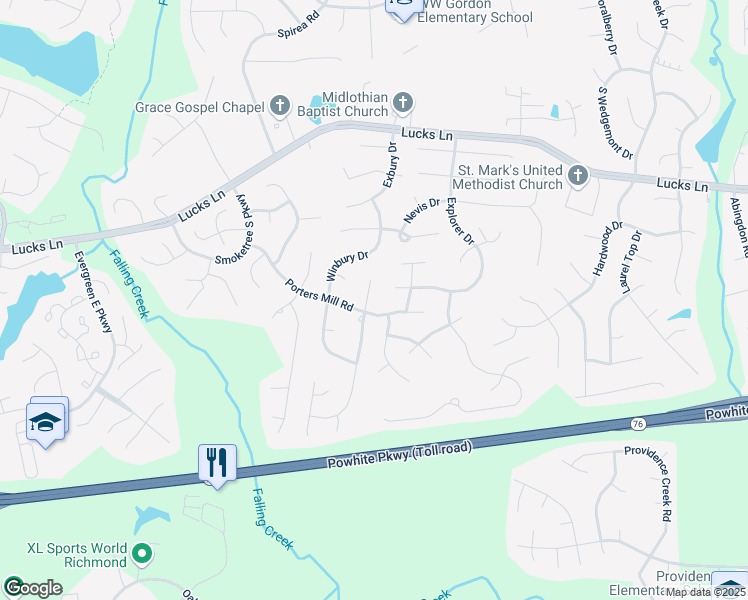 map of restaurants, bars, coffee shops, grocery stores, and more near 1509 Upperbury Terrace in Midlothian