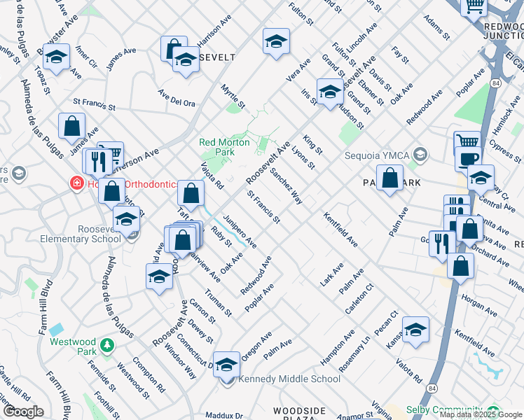 map of restaurants, bars, coffee shops, grocery stores, and more near 1144 Saint Francis Street in Redwood City