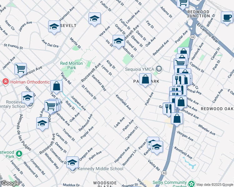 map of restaurants, bars, coffee shops, grocery stores, and more near 1227 Chantal Way in Redwood City