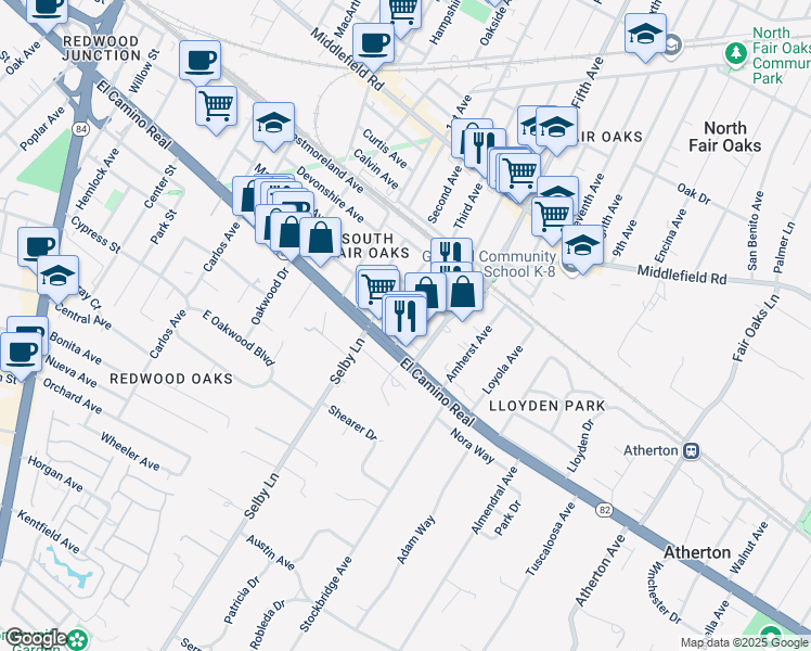 map of restaurants, bars, coffee shops, grocery stores, and more near 19 Columbia Avenue in Redwood City