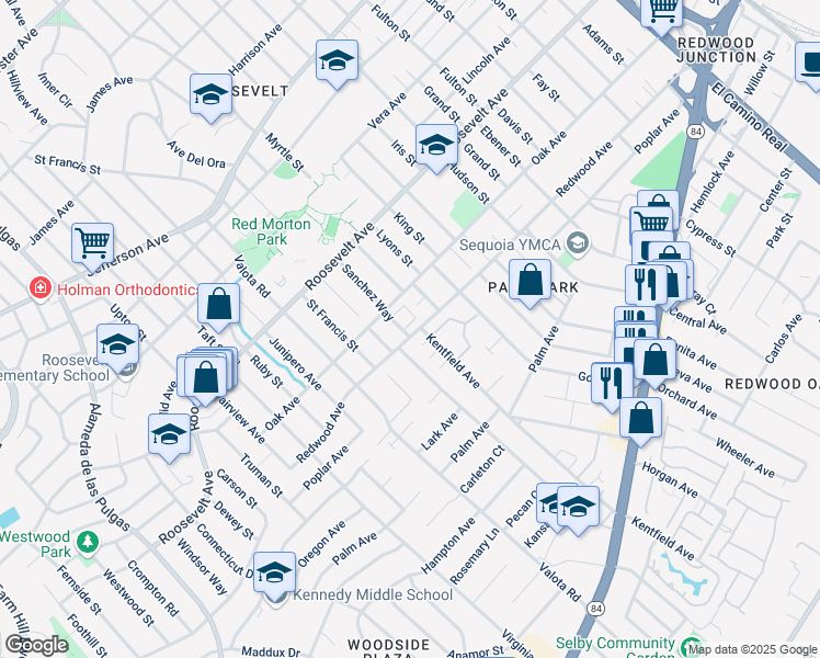 map of restaurants, bars, coffee shops, grocery stores, and more near 1380 Redwood Avenue in Redwood City