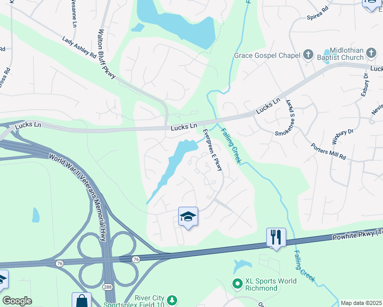 map of restaurants, bars, coffee shops, grocery stores, and more near 1400 Quiet Lake Loop in Midlothian