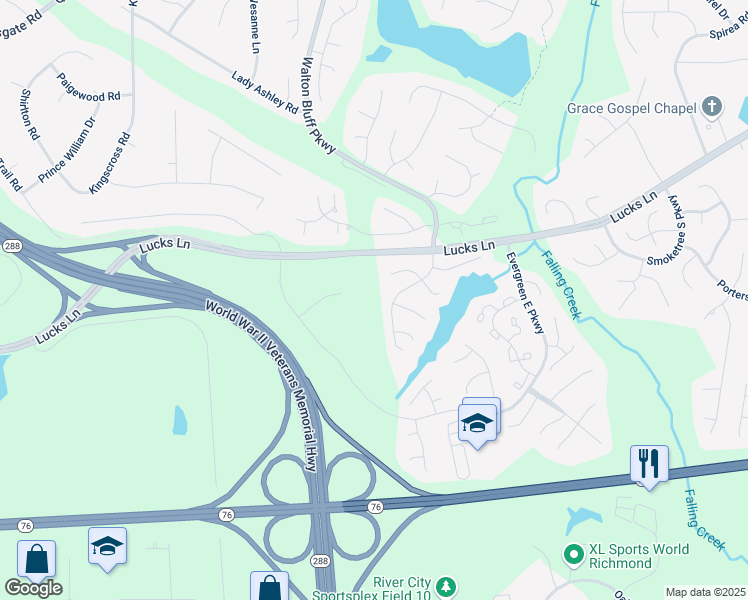map of restaurants, bars, coffee shops, grocery stores, and more near 12519 Spring Cress Court in Midlothian