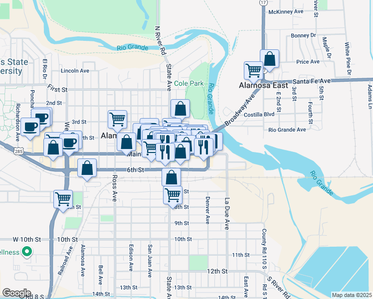 map of restaurants, bars, coffee shops, grocery stores, and more near 503 Main Street in Alamosa