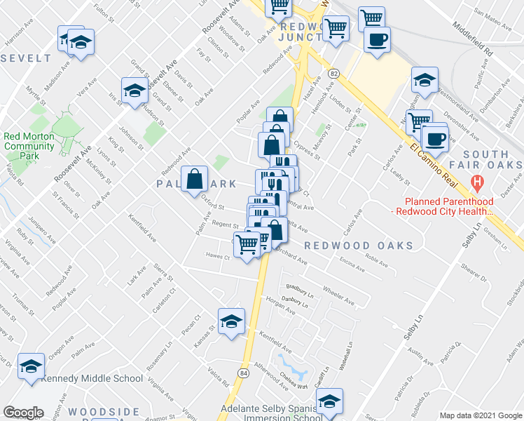 map of restaurants, bars, coffee shops, grocery stores, and more near 1619 Oxford Street in Redwood City