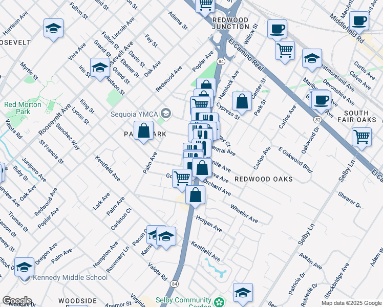 map of restaurants, bars, coffee shops, grocery stores, and more near 1619 Oxford Street in Redwood City