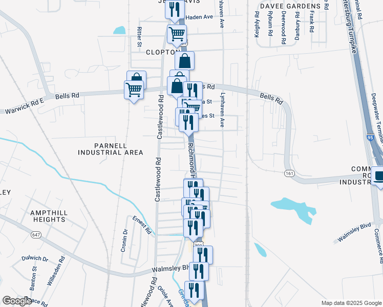 map of restaurants, bars, coffee shops, grocery stores, and more near 4128 Jefferson Davis Hwy in Richmond