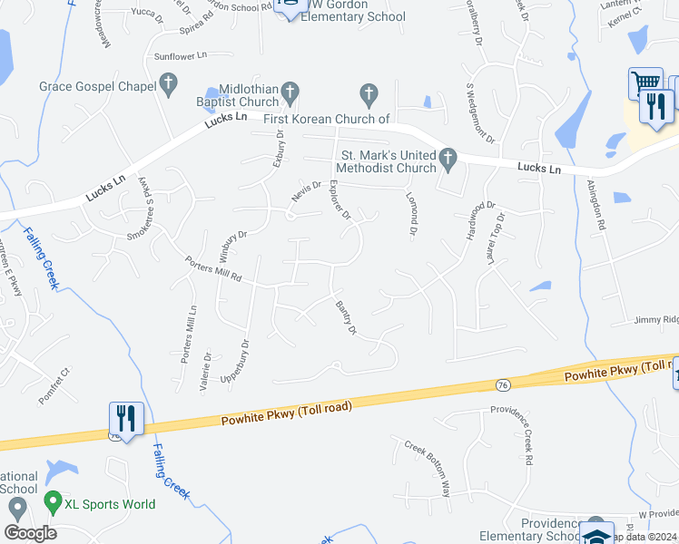 map of restaurants, bars, coffee shops, grocery stores, and more near 11655 Explorer Drive in Midlothian