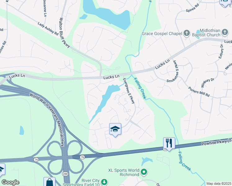 map of restaurants, bars, coffee shops, grocery stores, and more near 1400 Quiet Lake Loop in Midlothian