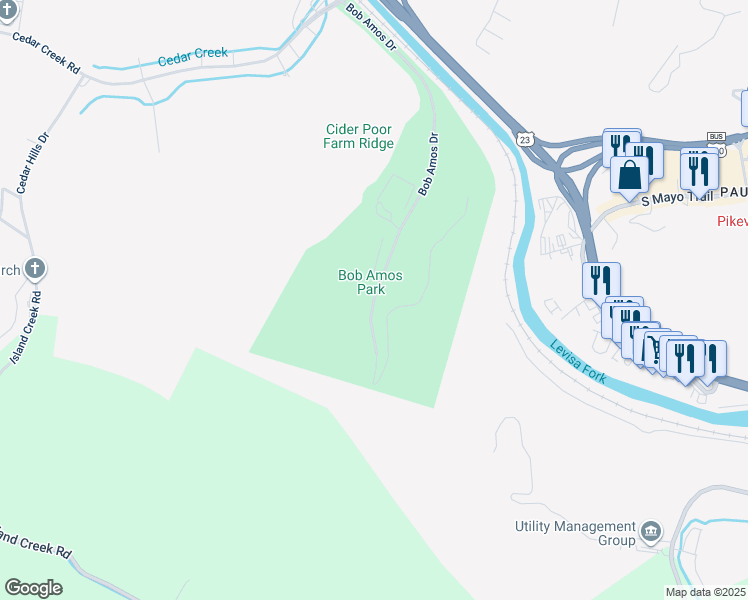 map of restaurants, bars, coffee shops, grocery stores, and more near 424 Bob Amos Drive in Pikeville