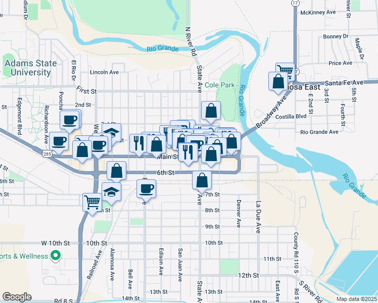 map of restaurants, bars, coffee shops, grocery stores, and more near 621 Main Street in Alamosa
