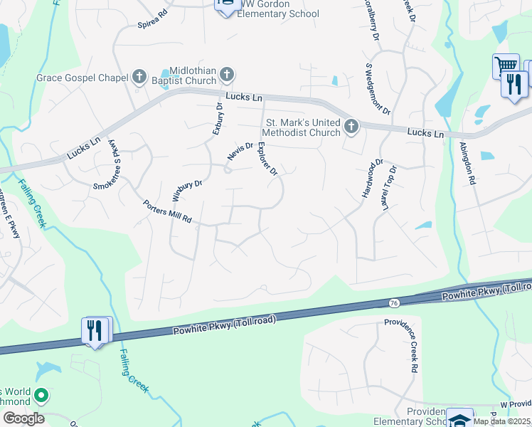 map of restaurants, bars, coffee shops, grocery stores, and more near 11655 Explorer Drive in Midlothian