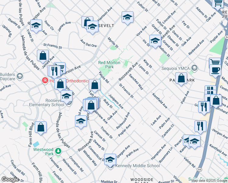map of restaurants, bars, coffee shops, grocery stores, and more near 1116 Valota Road in Redwood City
