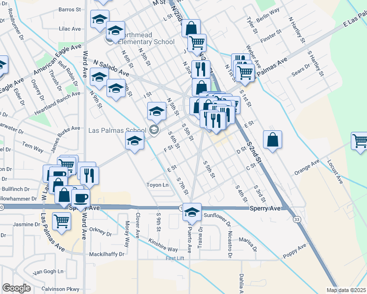 map of restaurants, bars, coffee shops, grocery stores, and more near 108 South 6th Street in Patterson