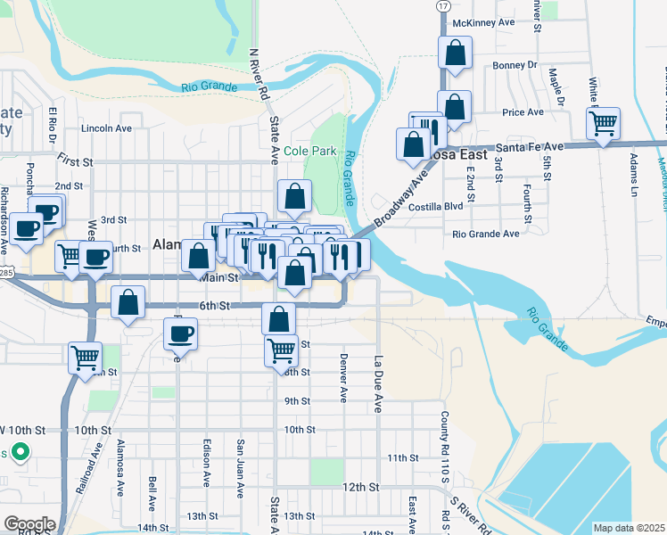 map of restaurants, bars, coffee shops, grocery stores, and more near 409 Main Street in Alamosa