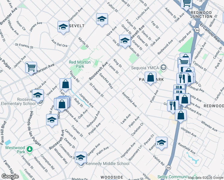 map of restaurants, bars, coffee shops, grocery stores, and more near 1218 Sanchez Way in Redwood City