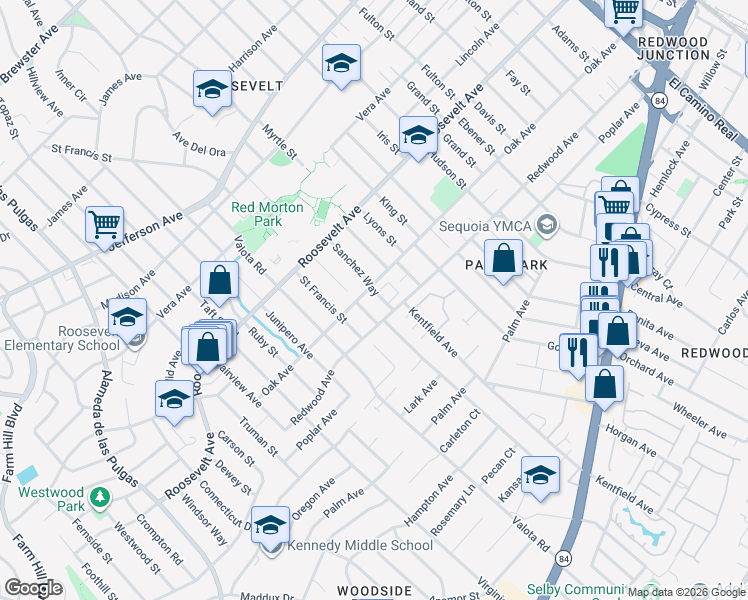 map of restaurants, bars, coffee shops, grocery stores, and more near 1218 Sanchez Way in Redwood City