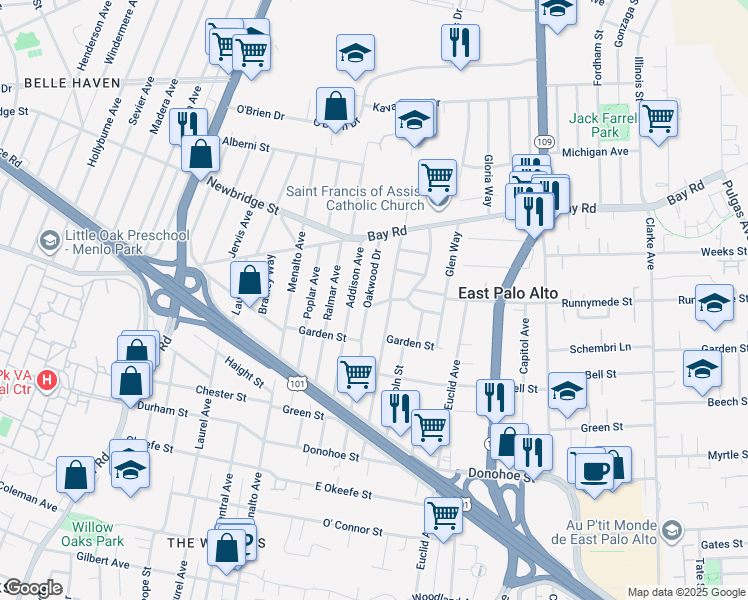 map of restaurants, bars, coffee shops, grocery stores, and more near 2318 Palo Verde Avenue in East Palo Alto