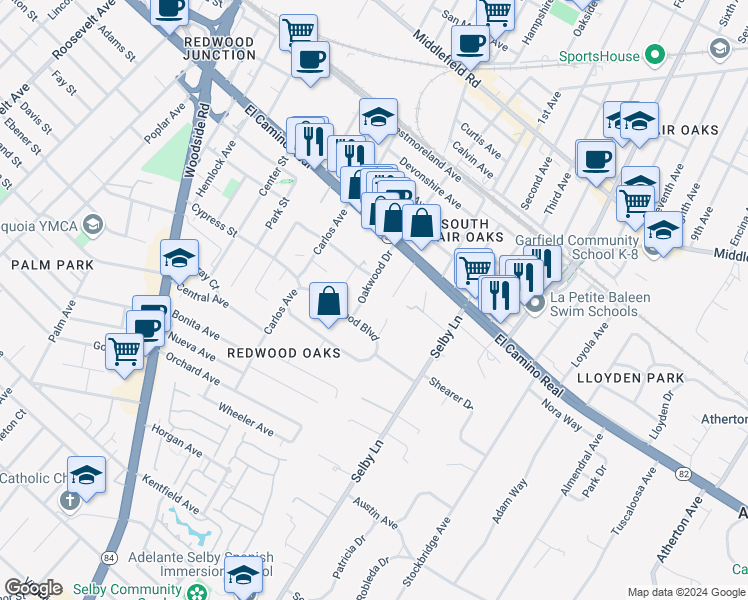 map of restaurants, bars, coffee shops, grocery stores, and more near 94 Renato Court in Redwood City