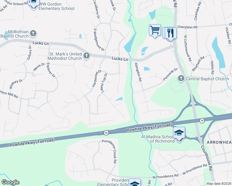 map of restaurants, bars, coffee shops, grocery stores, and more near 11406 Oak Timber Court in Midlothian