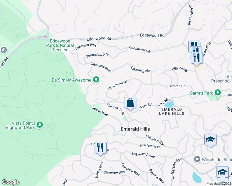 map of restaurants, bars, coffee shops, grocery stores, and more near 576 Lakeview Way in Emerald Hills