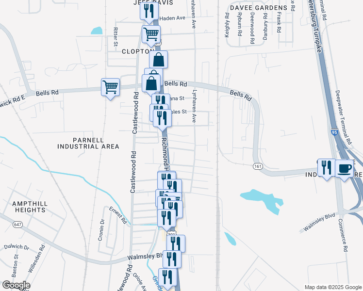 map of restaurants, bars, coffee shops, grocery stores, and more near 2512 Sisco Avenue in Richmond