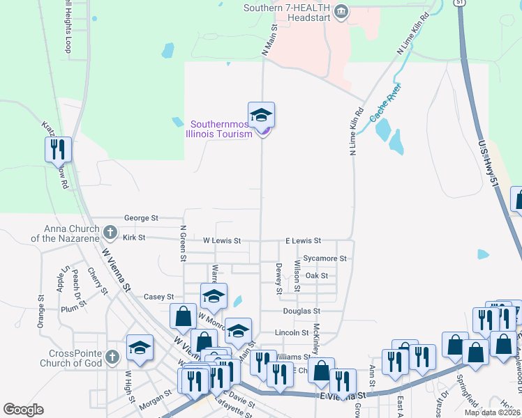 map of restaurants, bars, coffee shops, grocery stores, and more near 101 Young Avenue in Anna