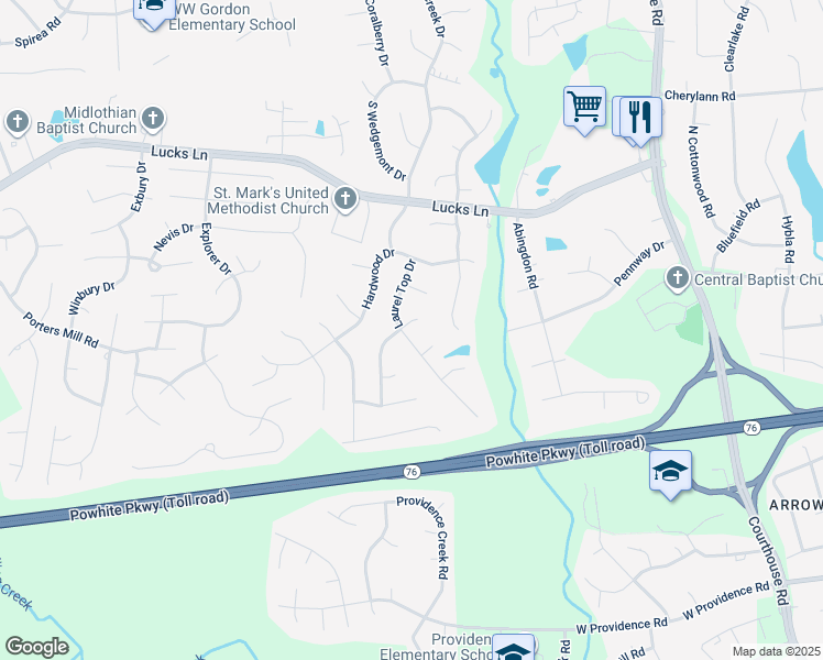 map of restaurants, bars, coffee shops, grocery stores, and more near 1501 Laurel Top Drive in Midlothian