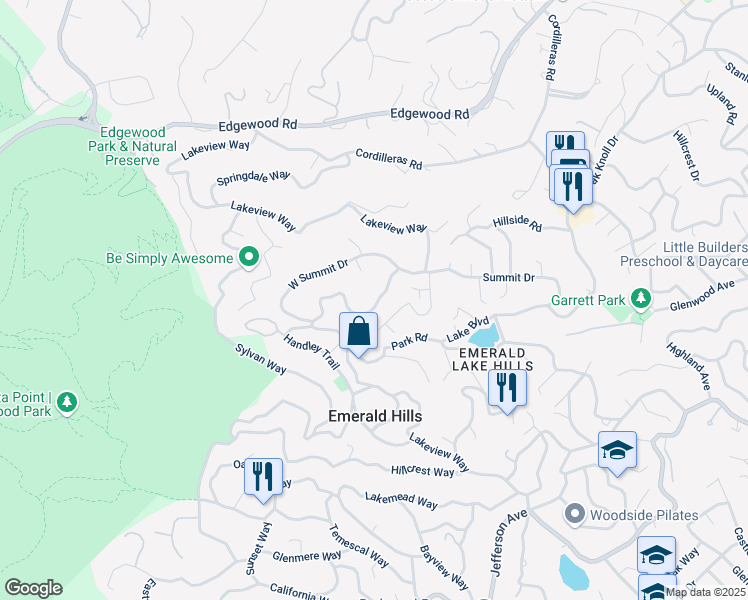 map of restaurants, bars, coffee shops, grocery stores, and more near 529 Lakeview Way in Emerald Hills
